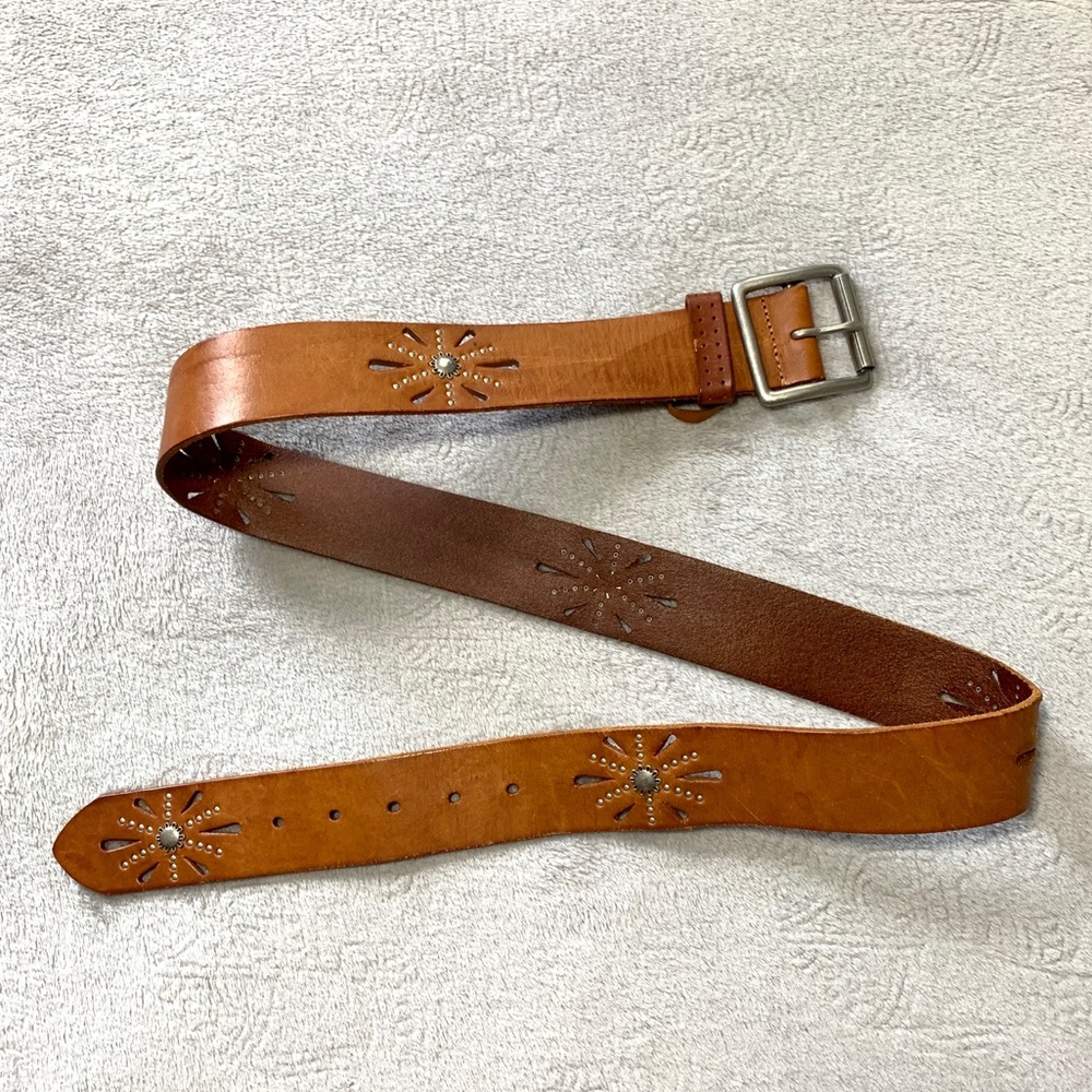 Western Brown Genuine Leather Floral Studded Belt